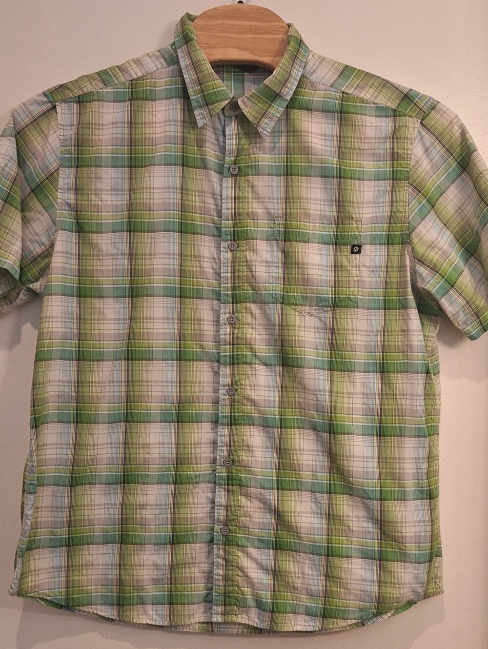 Marmot Men's XL Button Up Short Sleeve Shirt Lime‎ Green Plaid Logo